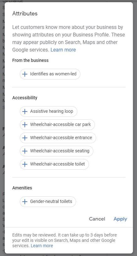 screenshot of Google My Business Attributes Editor
